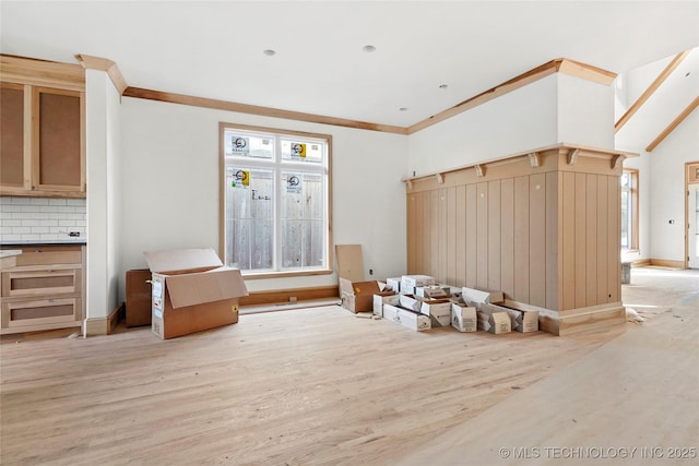 mudroom with ornamental molding and light hardwood / wood-style floors