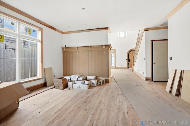 mudroom with light hardwood / wood-style flooring and ornamental molding