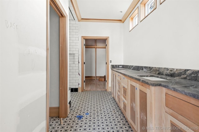 bathroom with crown molding and vanity