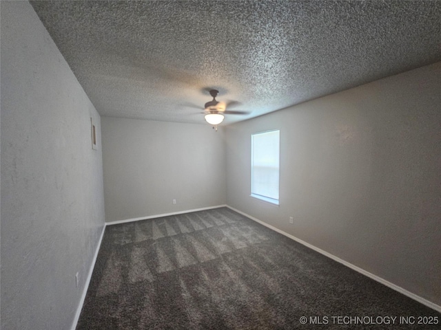 unfurnished room featuring ceiling fan, a textured ceiling, and dark colored carpet