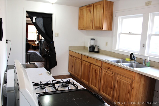 kitchen featuring range with gas cooktop, wood-type flooring, and sink