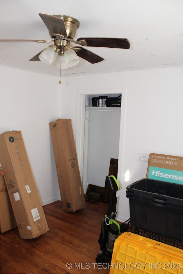 misc room with ceiling fan and dark hardwood / wood-style floors