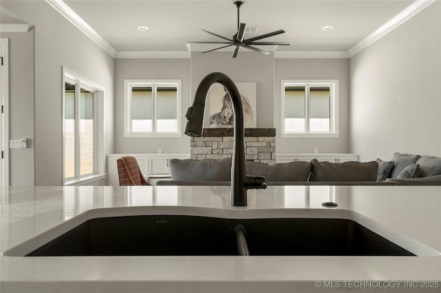 interior details featuring ceiling fan, sink, and crown molding