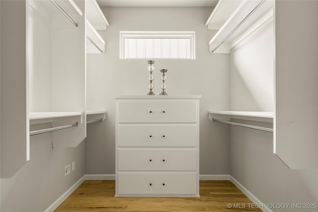 walk in closet with light wood-type flooring