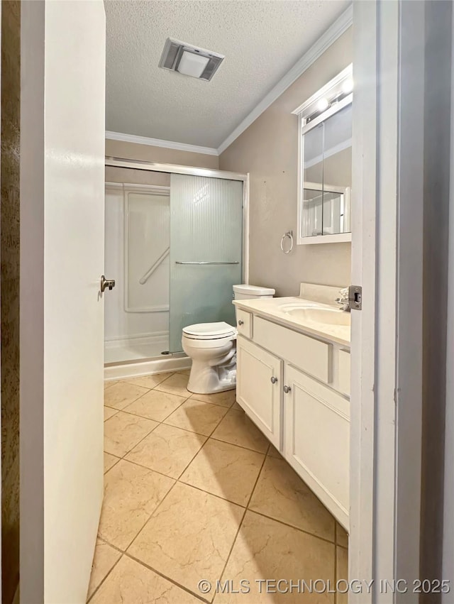 bathroom featuring toilet, tile patterned flooring, crown molding, a textured ceiling, and a shower with door