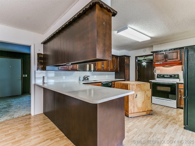 kitchen with light hardwood / wood-style floors, sink, black appliances, and kitchen peninsula