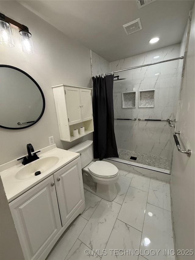 bathroom featuring toilet, vanity, and curtained shower