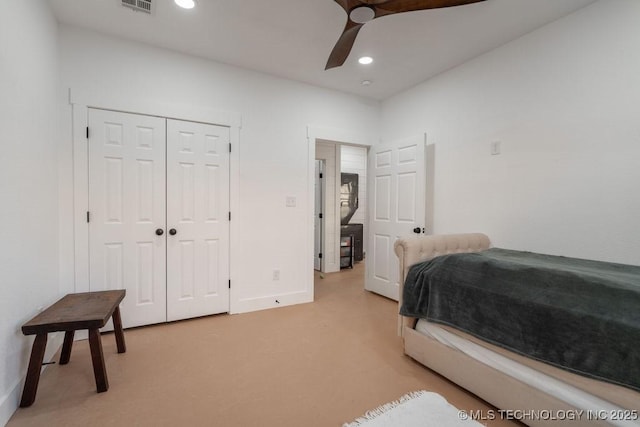 bedroom with a closet and ceiling fan