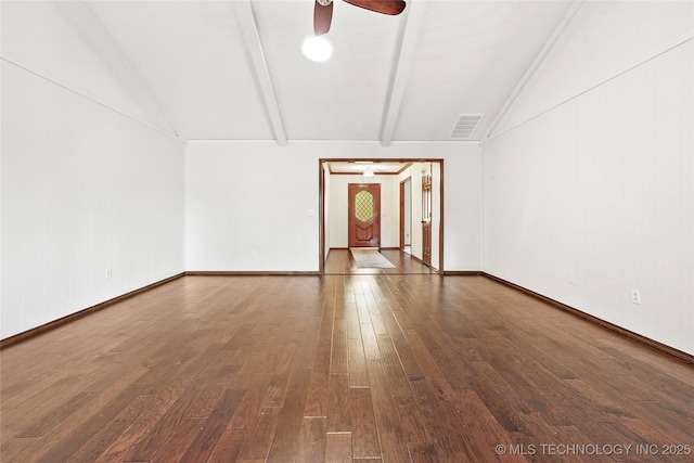 unfurnished living room with ceiling fan, vaulted ceiling with beams, and dark hardwood / wood-style flooring