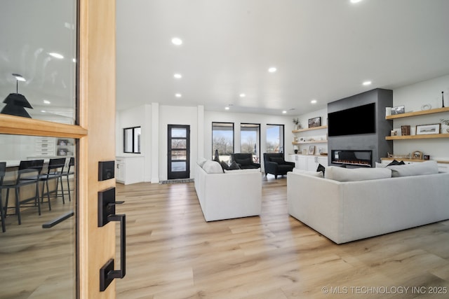 living room featuring a large fireplace and light hardwood / wood-style flooring