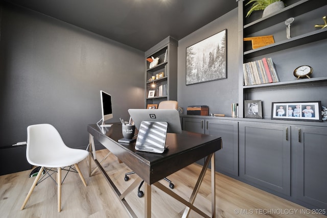 office area featuring built in features and light hardwood / wood-style flooring