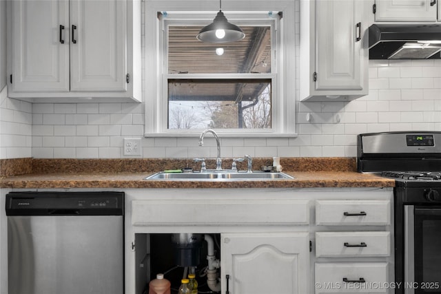 kitchen featuring white cabinets, dishwasher, gas stove, sink, and backsplash