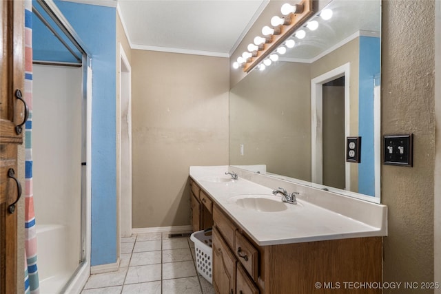 bathroom featuring walk in shower, ornamental molding, tile patterned floors, and vanity