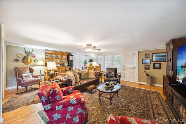 living room with ceiling fan and light wood-type flooring