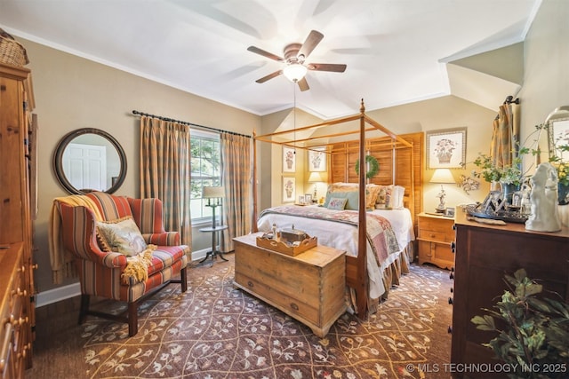 bedroom with ceiling fan, ornamental molding, and vaulted ceiling