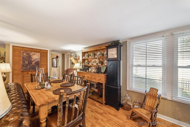 dining room with light hardwood / wood-style floors, plenty of natural light, and wood walls