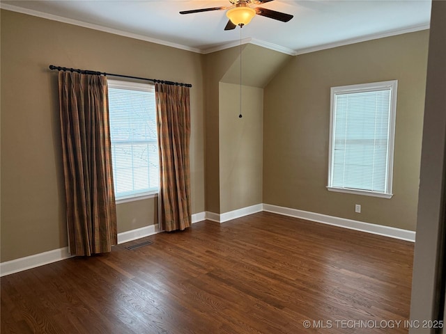 spare room with ceiling fan, dark hardwood / wood-style flooring, and ornamental molding