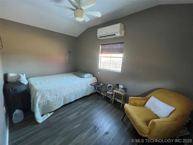 bedroom with ceiling fan, dark hardwood / wood-style flooring, lofted ceiling, and a wall mounted air conditioner