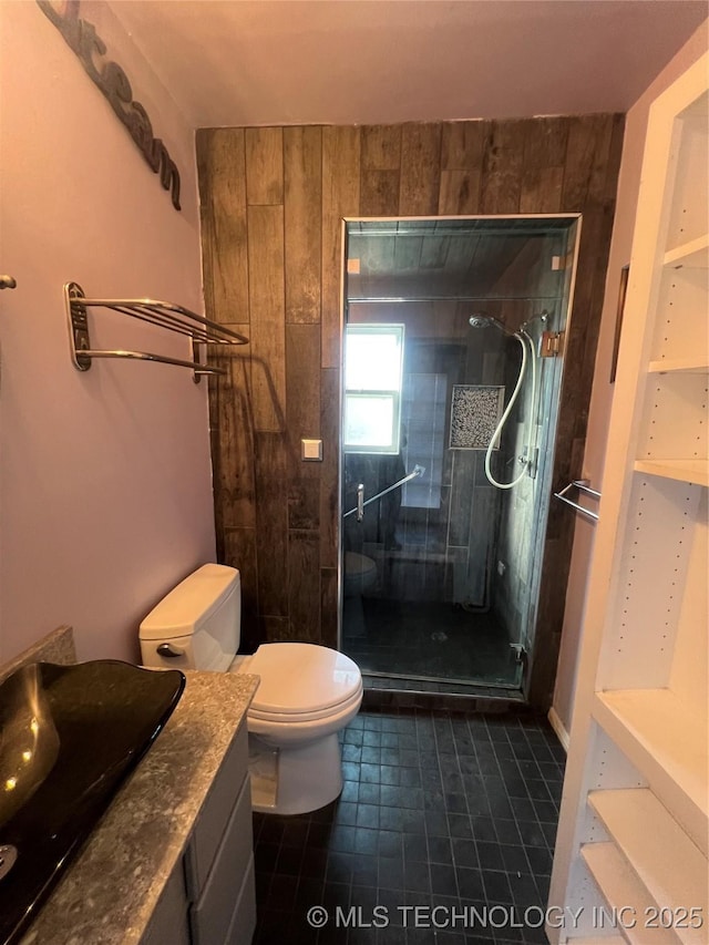 bathroom with toilet, walk in shower, and vanity