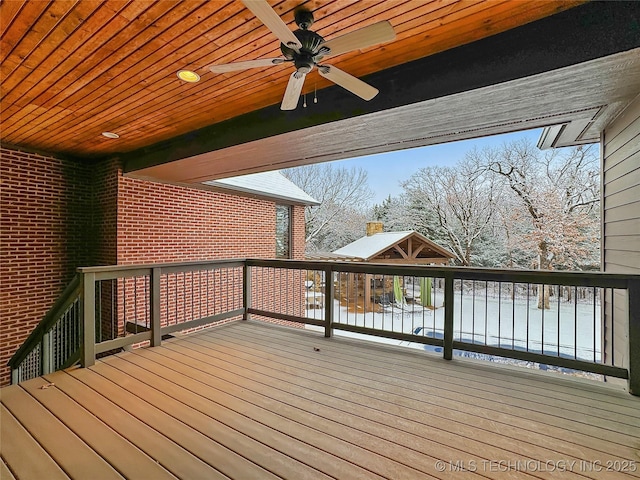 snow covered deck featuring ceiling fan