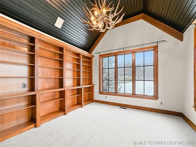 interior space with wooden ceiling, carpet, vaulted ceiling, and an inviting chandelier