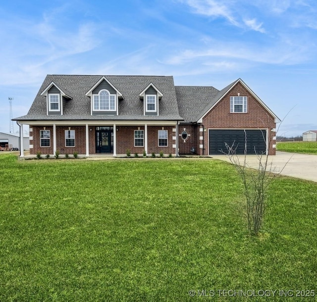 cape cod-style house with a garage, a front yard, and a porch