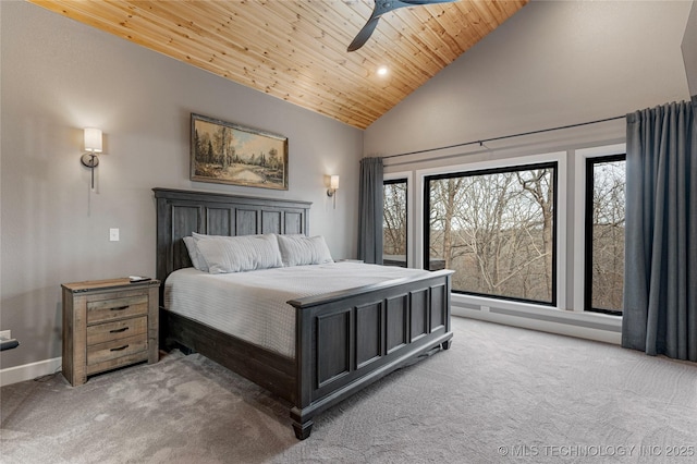 carpeted bedroom with ceiling fan, wood ceiling, multiple windows, and high vaulted ceiling