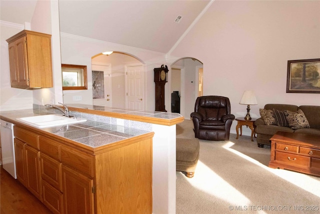 kitchen featuring vaulted ceiling, sink, ornamental molding, white dishwasher, and kitchen peninsula