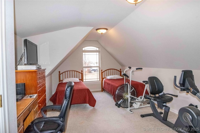 carpeted bedroom with vaulted ceiling