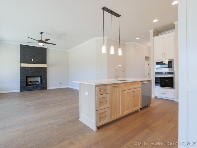 kitchen featuring a sink, light wood-style floors, stainless steel appliances, a ceiling fan, and ornamental molding