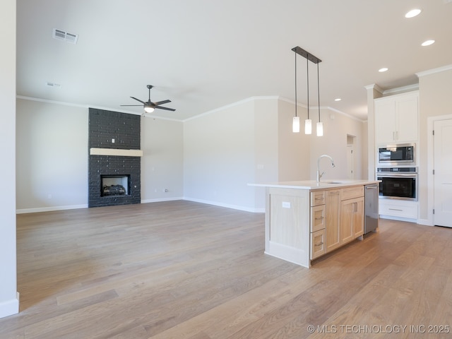 kitchen with appliances with stainless steel finishes, light wood-style floors, ornamental molding, a ceiling fan, and pendant lighting