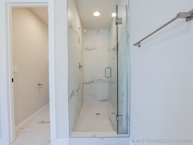 full bath with baseboards, recessed lighting, marble finish floor, and a marble finish shower