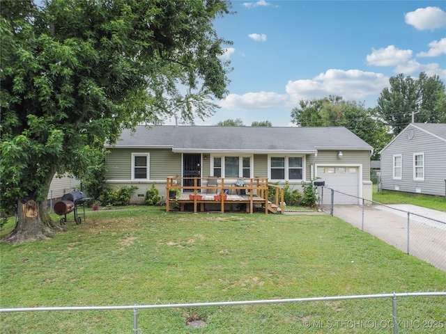 ranch-style home with a front yard, a wooden deck, and a garage