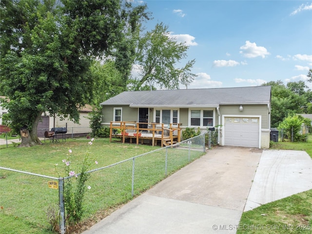 ranch-style home with a front yard, a garage, and a wooden deck