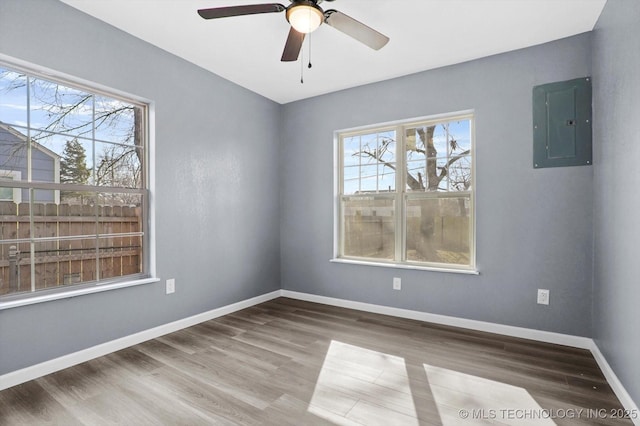 spare room with ceiling fan, hardwood / wood-style flooring, and electric panel