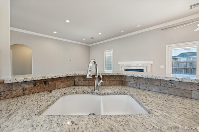 room details with light stone countertops, sink, and crown molding