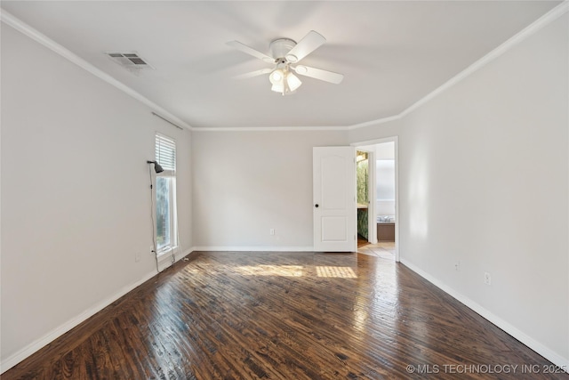 spare room featuring ceiling fan, dark hardwood / wood-style flooring, and ornamental molding