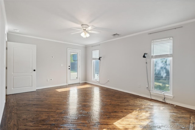 unfurnished room with ceiling fan, a healthy amount of sunlight, wood-type flooring, and crown molding