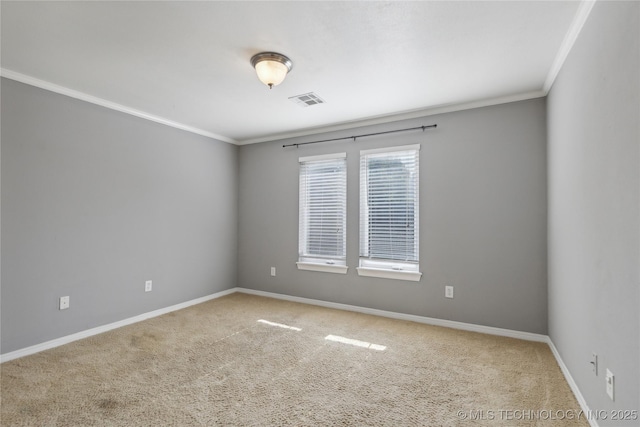 empty room with light carpet and ornamental molding