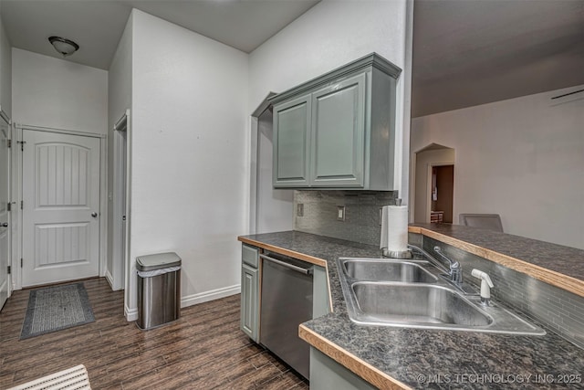 kitchen with sink, decorative backsplash, dark hardwood / wood-style floors, and stainless steel dishwasher