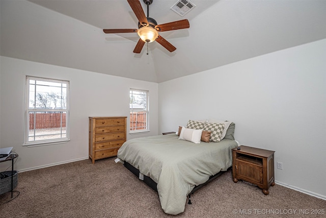 carpeted bedroom with lofted ceiling and ceiling fan