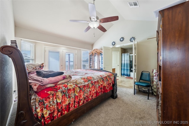 bedroom featuring french doors, lofted ceiling, light colored carpet, visible vents, and access to outside