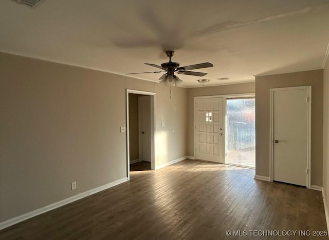 interior space featuring ceiling fan and dark hardwood / wood-style flooring