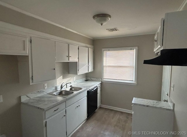 kitchen with dishwasher, sink, crown molding, light wood-type flooring, and white cabinets