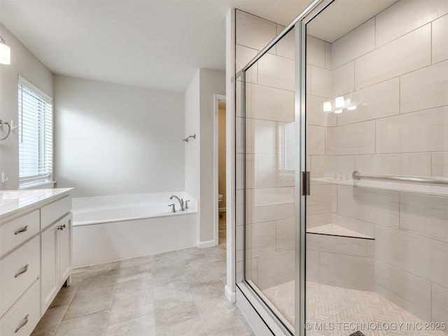 full bathroom with toilet, vanity, separate shower and tub, and tile patterned flooring