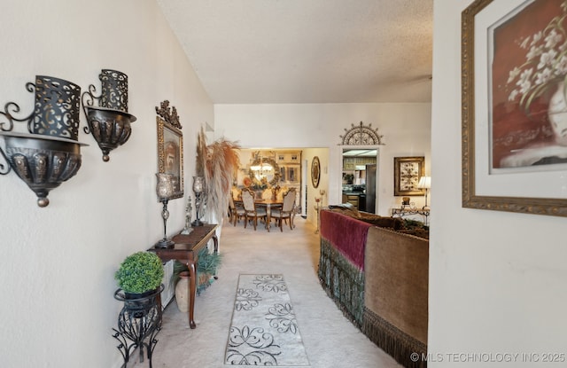 hall featuring light colored carpet and a textured ceiling