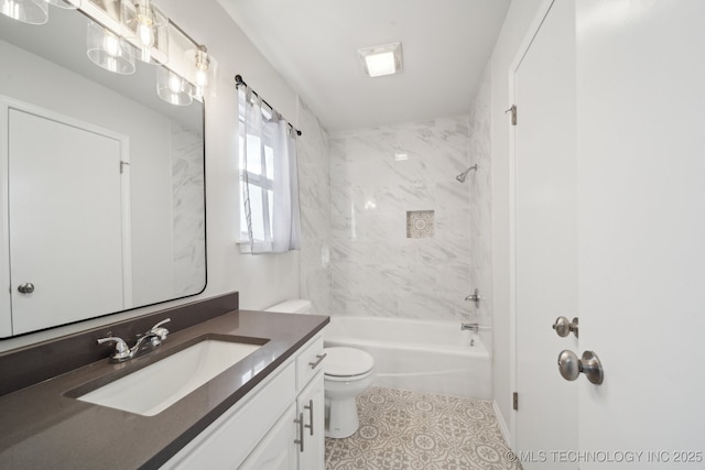 full bathroom with tiled shower / bath combo, vanity, and toilet