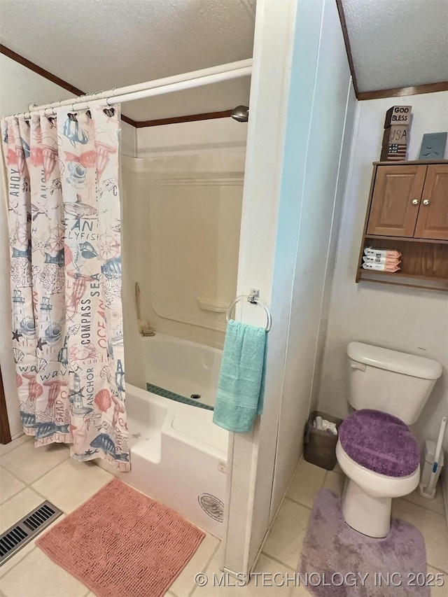 bathroom featuring a textured ceiling, tile patterned floors, ornamental molding, and shower / tub combo with curtain