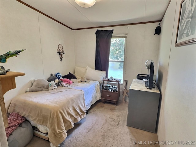 bedroom with crown molding and carpet flooring