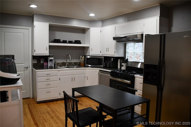 kitchen featuring appliances with stainless steel finishes, white cabinetry, sink, backsplash, and light wood-type flooring